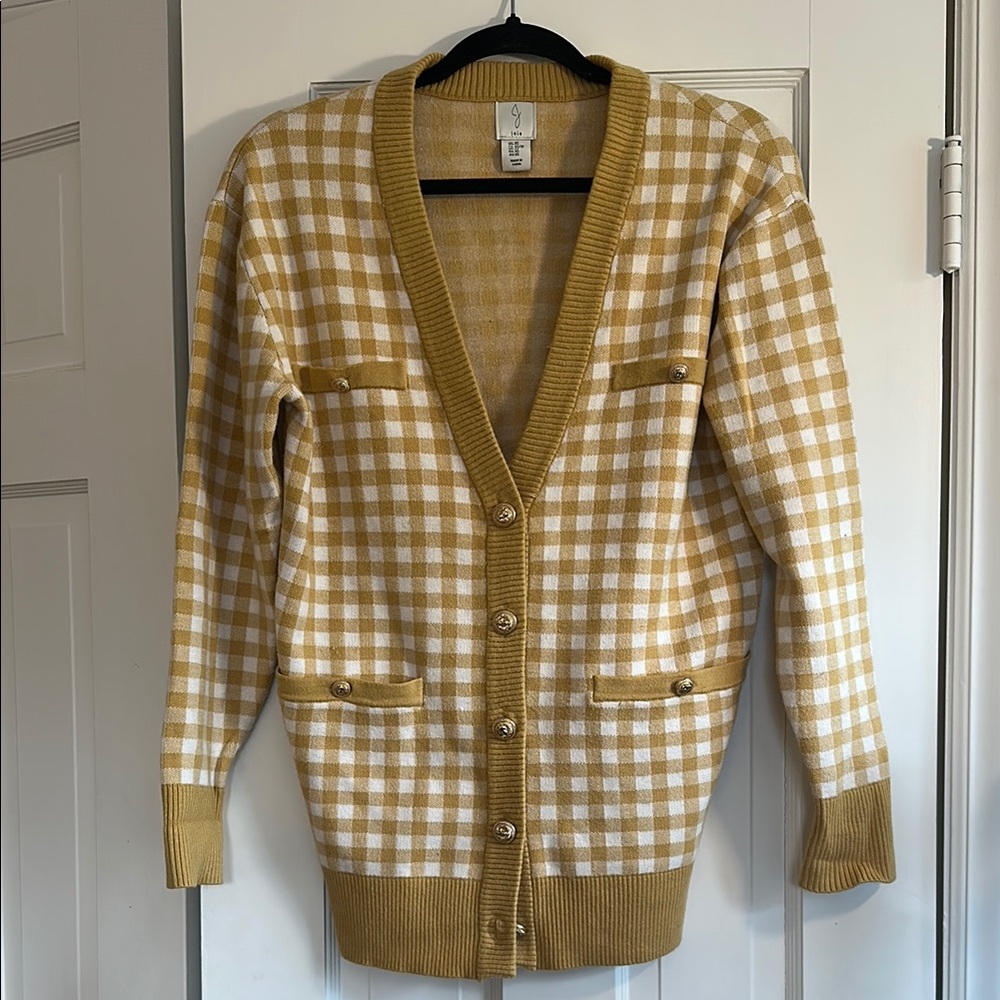 Joie Gingham Gold Button Cardigan Sweater Size XS Mustard Yellow Preppy Academia